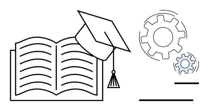 Open book with graduation cap symbolizing education alongside spinning gears representing innovation, teamwork, or process improvement. Ideal for learning, innovation, achievement, strategy