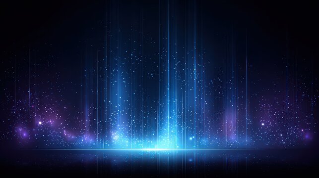 Abstract Digital Landscape with Vertical Blue Lines and Glowing Particles on Dark Background