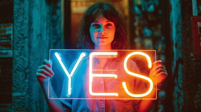 A woman is holding a neon sign that says YES