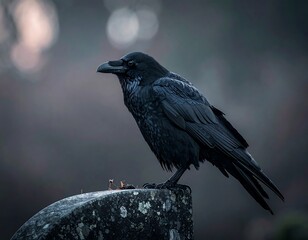 A dark, detailed shot of a large black bird perched on a weathered stone. The background is soft and out of focus, adding depth
