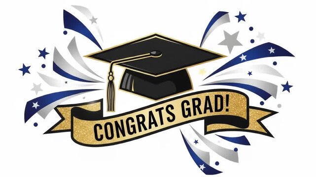 Festive graduation cap and banner with stars and swirls