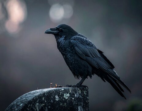 A dark, detailed shot of a large black bird perched on a weathered stone. The background is soft and out of focus, adding depth
