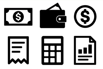 Bold Currency Icons. Paper currency silhouette icon set: banknote, wallet, dollar coin, receipt, calculator, document chart.