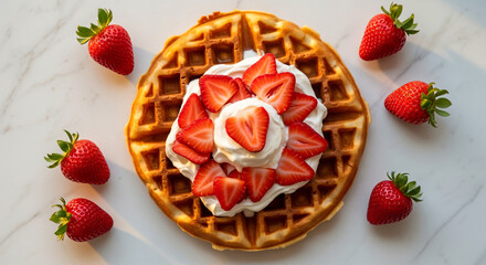 Delicious Waffle with Fresh Strawberries and Whipped Cream, a Sweet Breakfast Delight