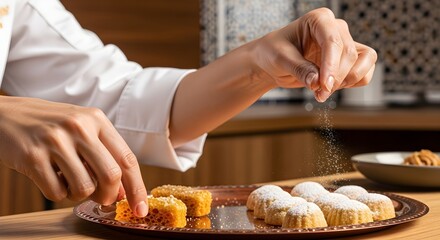 Hands Sprinkling Powdered Sugar on Traditional Arabic Sweets