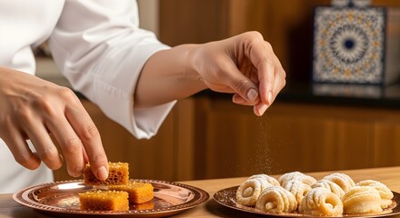Chef Decorating Traditional Middle Eastern Sweets with Sugar