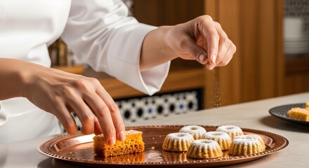 Chef Dusting Powdered Sugar on Traditional Oriental Pastries