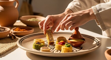 Hands Arranging Traditional Moroccan Desserts and Spices