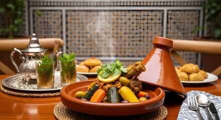 Authentic Moroccan Tagine with Steaming Mint Tea and Pastries
