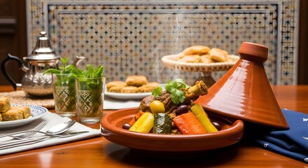 Delicious Moroccan Tagine Dish with Mint Tea and Pastries