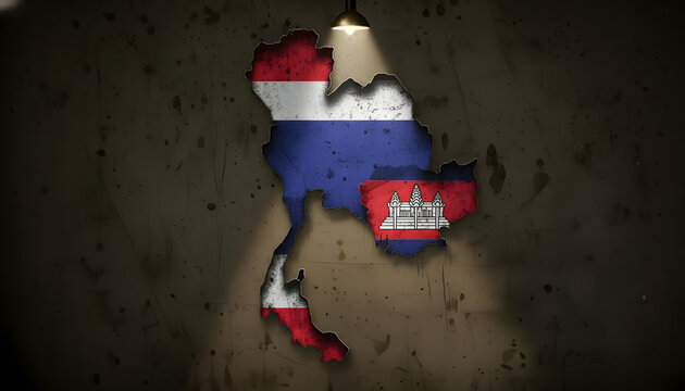 Abstract grunge background: Thailand and Cambodia flag maps in a moody cinematic style on a dark textured wall.