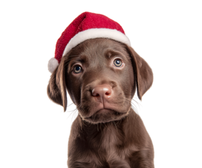Cute Chocolate Labrador Puppy Wearing Santa Hat isolated on transparent background