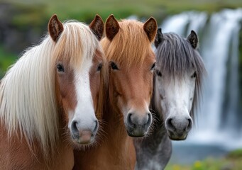 Fototapeta premium three horses stand in front of the skógafoss waterfall in iceland, with green grass and blue sky in the background