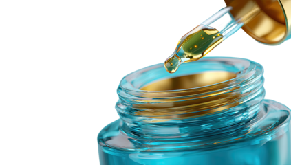 Gold dropper dispensing serum into turquoise glass jar
