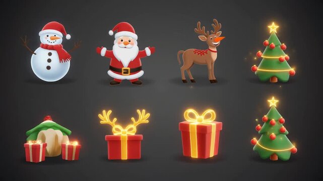 
christmas icons, animated cartoon, santa claus, reindeer, christmas tree, snowman, festive, holiday, 3D, flat design, glowing, cute, animation pack, merry christmas, new year, celebration, winter,