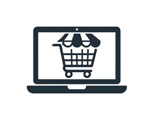 A dark illustration of a laptop with a shopping cart icon on its screen, set against a white backdrop