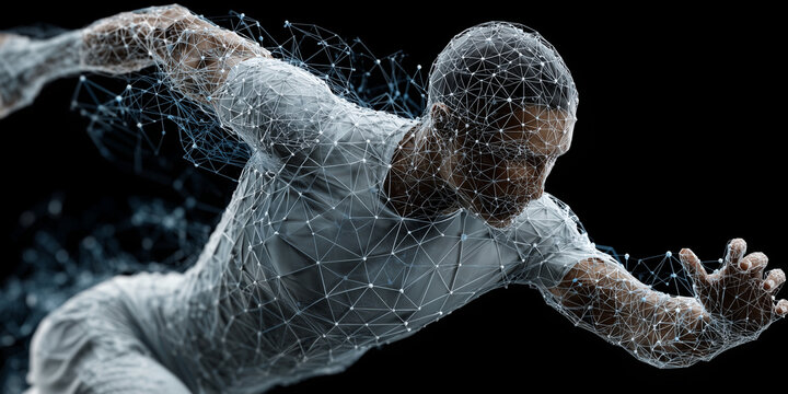 Enhancing athletic performance through sports science and performance analytics dynamic running pose studio dramatic lighting