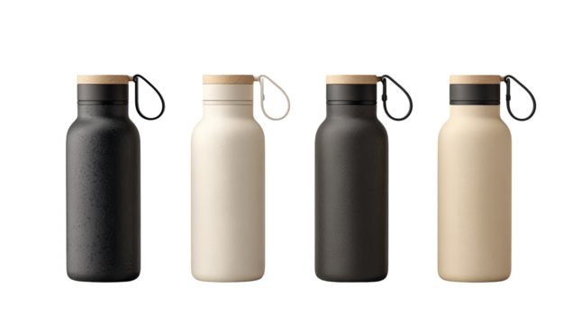 Four insulated water bottles in black, off-white, and beige, each with a wooden cap and carrying loop