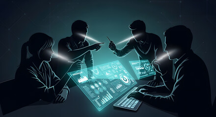 Professional team silhouettes interact with glowing holographic business data and analytics in a dark environment