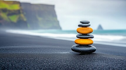 A stack of wet, dark gray and orange stones is balanced on a black sand beach, with misty cliffs and ocean waves in the background.