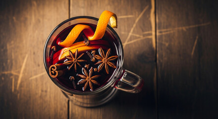 Top view of a warm glass of aromatic mulled red wine with fragrant spices and an orange peel garnish, served on a rustic wooden table