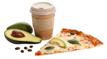 Assortment of lunch or snack items featuring a coffee cup, a slice of pizza, and fresh avocado, isolated on transparent background.