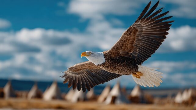 American heritage month with Indigenous Peoples' Day concept. A majestic eagle soaring gracefully over a serene landscape.