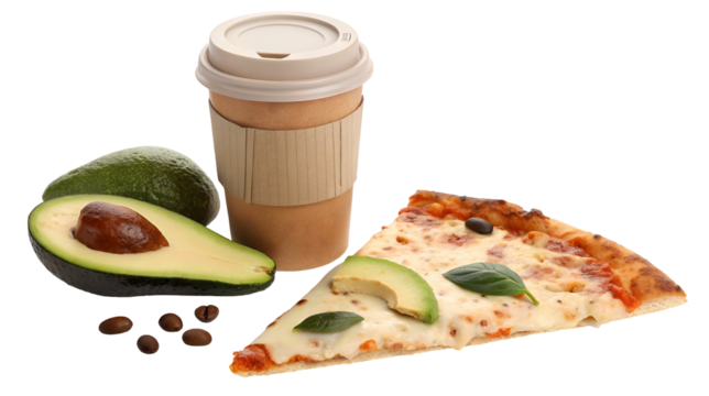 Assortment of lunch or snack items featuring a coffee cup, a slice of pizza, and fresh avocado, isolated on transparent background.