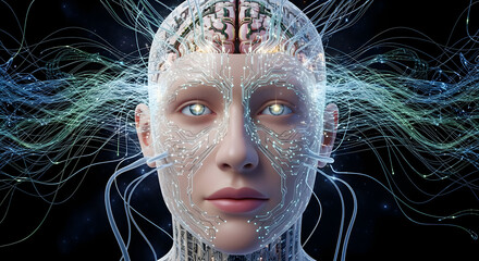 Human head with circuit lines symbolizes ai-human integration 17257564 1