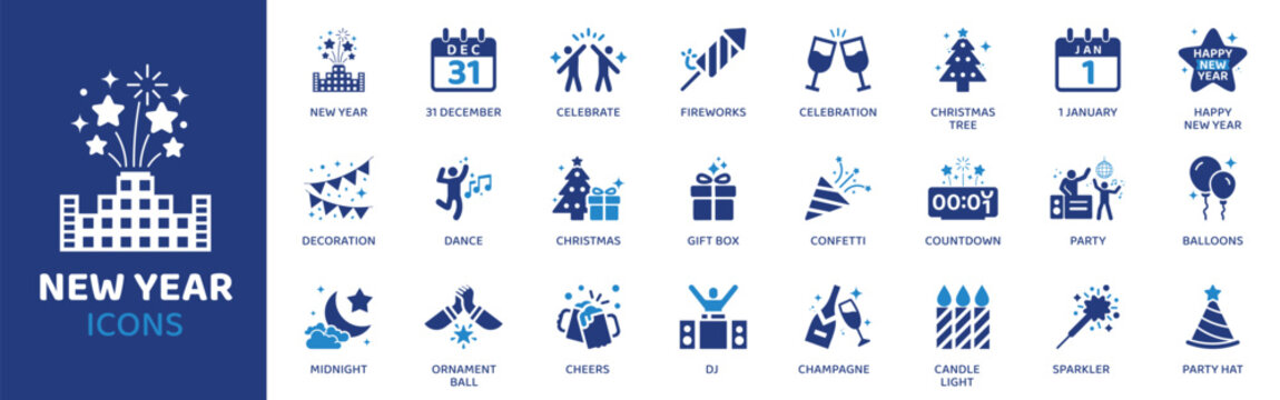 New Year icon set featuring symbols of fireworks, celebration, parties, dancing, countdown, January 1st, greetings, and more. a complete vector collection of solid icons for festive designs.