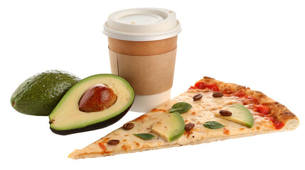 Composition of a disposable coffee cup, fresh avocado half, and a gourmet pizza slice with unusual toppings isolated on transparent background