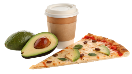 Composition of a disposable coffee cup, fresh avocado half, and a gourmet pizza slice with unusual toppings isolated on transparent background