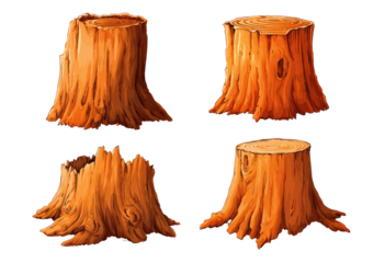 Four stylized tree stumps in various stages of decay