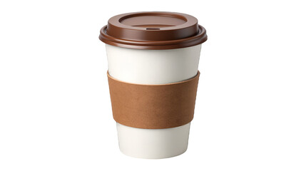 Disposable white paper coffee cup with a brown plastic lid and protective cardboard sleeve isolated on transparent background.