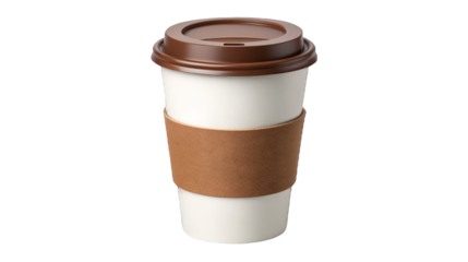 Disposable white paper coffee cup with a brown plastic lid and protective cardboard sleeve isolated on transparent background.