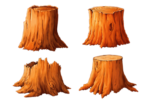 Four stylized tree stumps in various stages of decay