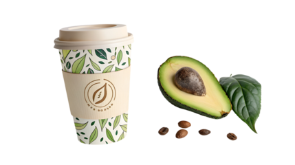 Eco-friendly disposable coffee cup and fresh halved avocado with seed, symbolizing healthy eating and sustainability isolated on transparent background