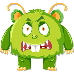 Furry green cartoon monster with big eyes and sharp teeth showing an angry expression on a white background