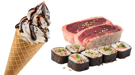 Diverse selection of various foods including soft serve ice cream, raw sirloin steaks, and maki sushi rolls isolated on transparent background