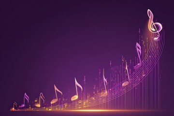 Abstract Musical Notes Flowing Upward on Purple Background with Glowing Light