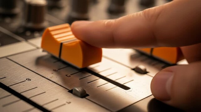 Macro shot of a finger adjusting orange faders on a sound mixer