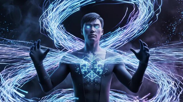 Man Meditating With Digital Energy Flowing Around Body