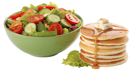 Fresh green salad in a bowl and a tall stack of sweet pancakes covered in dripping maple syrup and butter isolated on transparent background.