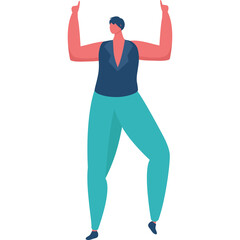 Full Body View Of A Person In A Dark Blue Vest And Teal Pants Dancing With Arms Raised Against A White Background