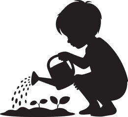 gardening silhouette vector Children planting tree and watering saplings, Eco-friendly future