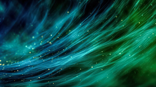 Digital artwork featuring flowing waves in blue and green hues, adorned with sparkling particles, creating a captivating visual experience