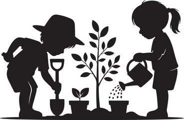 Continuous one black line art drawing Silhouette of children watering a tree. planting tree to save the world and earth day reduce global warming growth concept vector illustration on white background