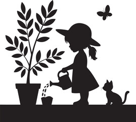 Children planting and watering tree