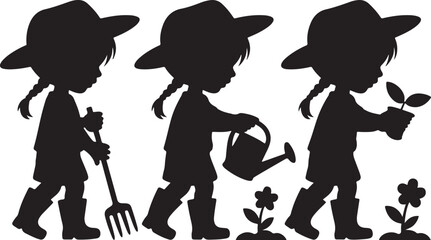three little girl watering plants in garden vector silhouette.