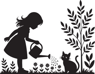 little girl watering plants in garden vector silhouette.